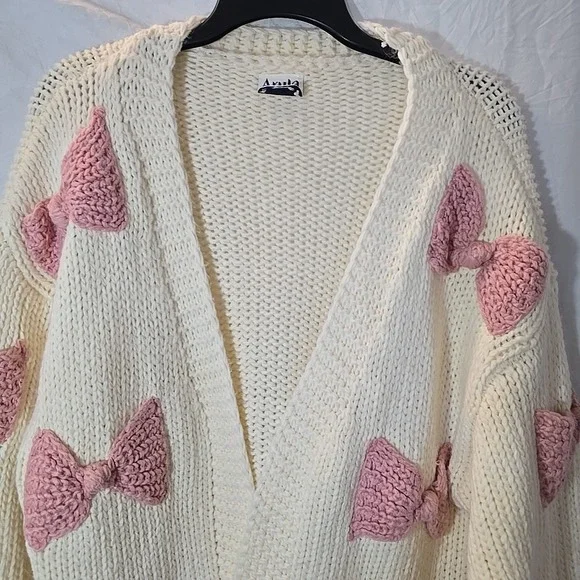 Arula Pink‎ 3D Bow Cream Open Cardigan Chunky-knit Boho Cottagecore Size X (XL) - Picture 3 of 13